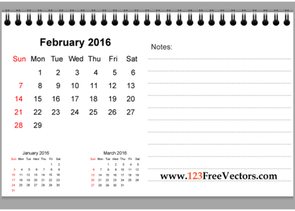 February 2016 Printable Calendar with Notes