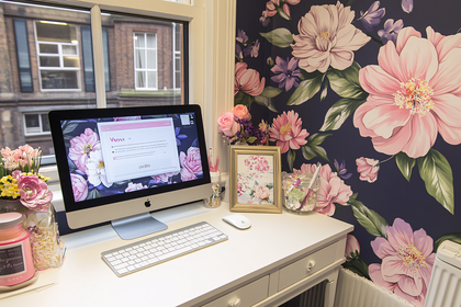 Feminine Desk Setup With Floral Wallpaper