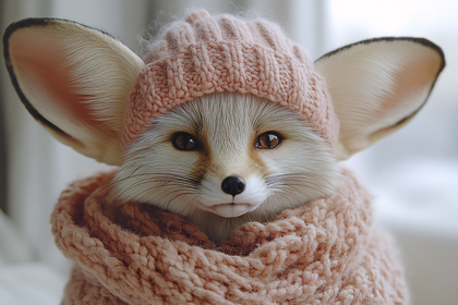 Fennec Fox Wearing Knitted Hat And Scarf
