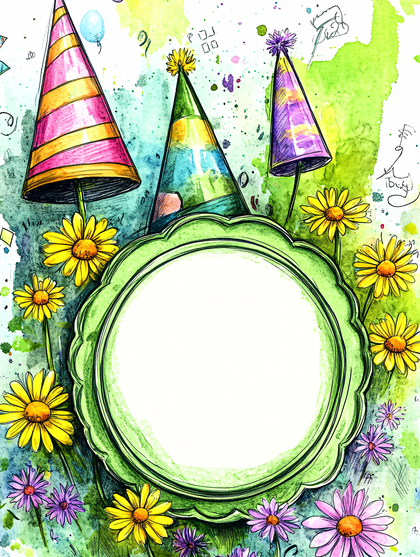 Festive Celebration with Party Hats and Floral Frame