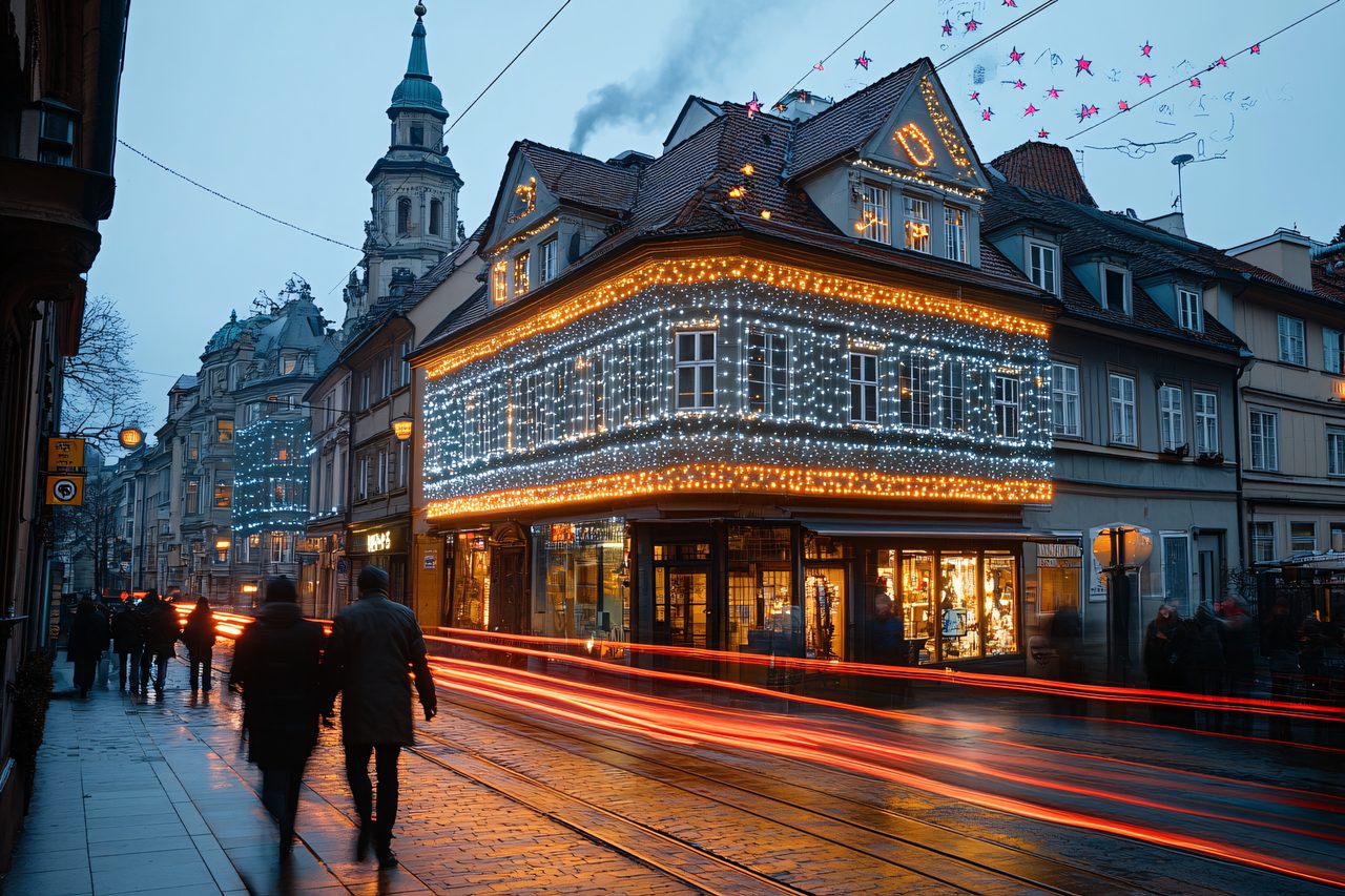 Holiday Lights Decorating Historic Buildings at Dusk