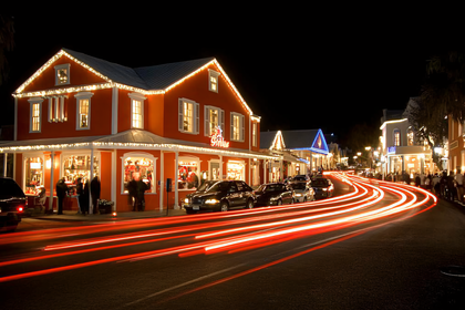 Festive Night Street with Light Trails