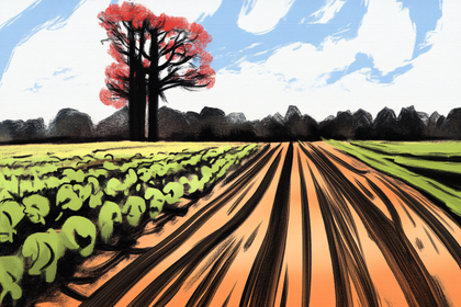 Field of Green Crops with Red Tree