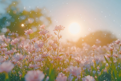 Field Of Pink Flowers At Sunset