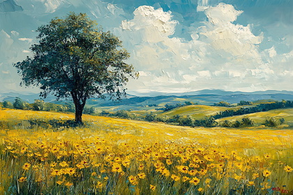 Field of Sunflowers with Lone Tree