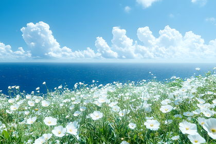 Field of White Flowers by the Sea