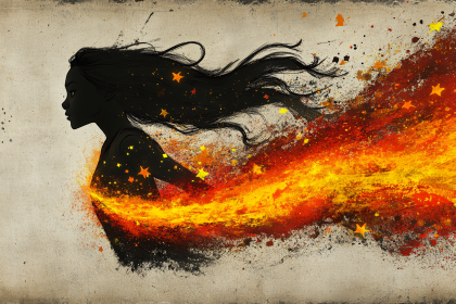 Fiery Silhouette of Woman with Starry Hair