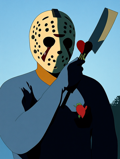 Figure With Hockey Mask Holding Heart on Cleaver
