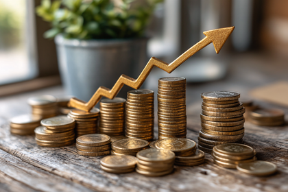 Financial Growth Chart with Golden Arrow and Coin Stacks