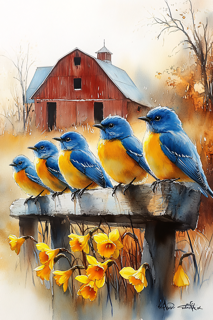 Five Bluebirds And A Barn