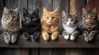 Five Fluffy Cats Perched on Wooden Ledge