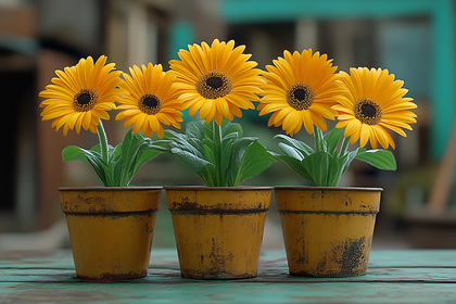 Five Yellow Daisies in Pots