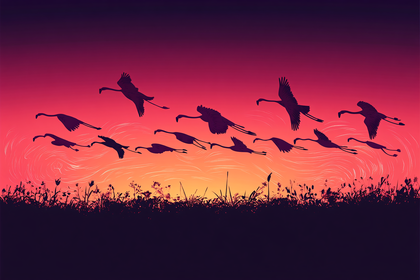 Flamingos Flying At Sunset