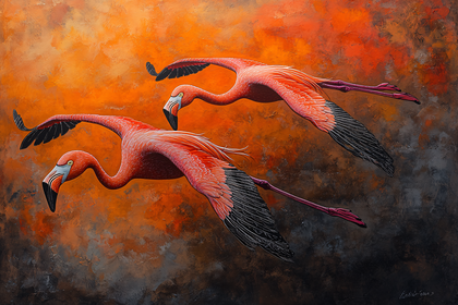 Flamingos In Flight