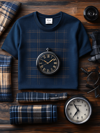 Flat Lay Of Navy Blue T-Shirt With Plaid Accessories And Clocks