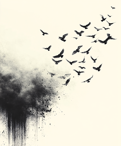 Flock Of Birds Emerging From Smoke