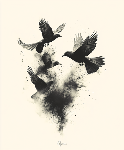 Flock Of Crows Bursting From Smoke