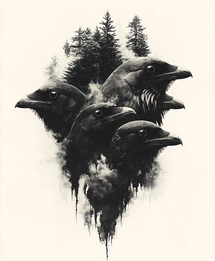 Flock of Ravens Emerging From Smoke