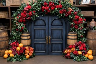 Floral Archway Door With Wine Barrels