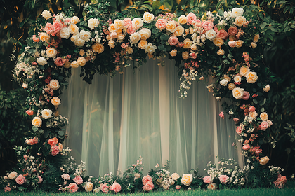 Floral Archway with Roses and Sheer Curtain