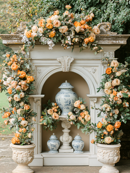 Floral Arrangement on Mantelpiece with Porcelain Vases