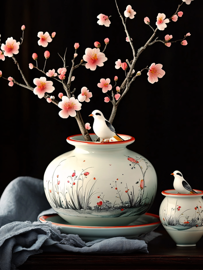 Floral Arrangement with Bird Figurines