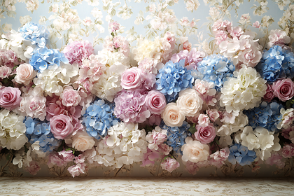 Floral Arrangement with Pink Roses and Blue Hydrangeas