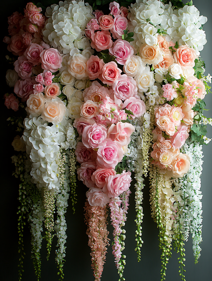 Floral Cascade of Pink Roses and White Hydrangeas