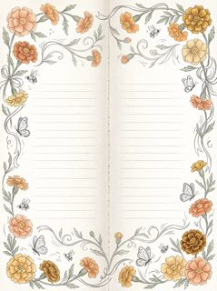 Floral Lined Writing Journal Page With Marigolds And Butterflies