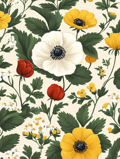 Floral Pattern with Anemones and Wildflowers