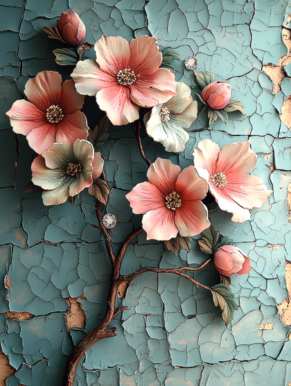 Floral Relief on Cracked Teal Background