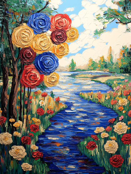 Floral River Impasto Painting