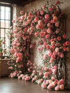 Floral Rose Arch on Brick Wall