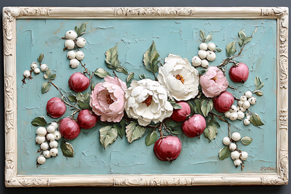 Floral Still Life Painting with Peonies and Fruits