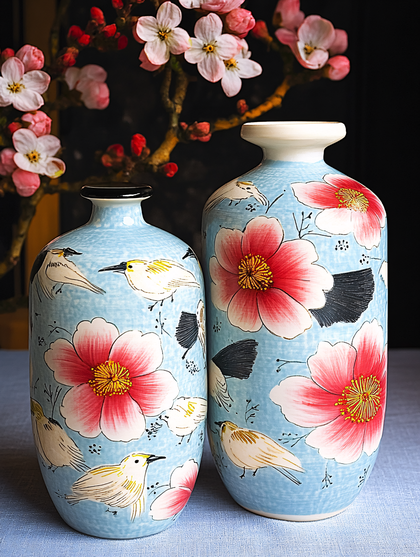 Floral Vases with Bird Design