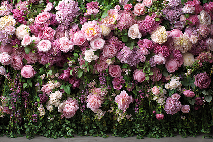 Floral Wall of Pink Roses and Hydrangeas
