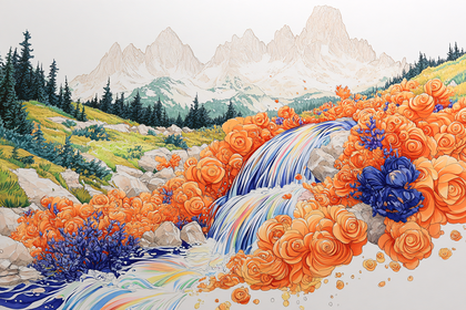 Floral Waterfall Mountain Landscape
