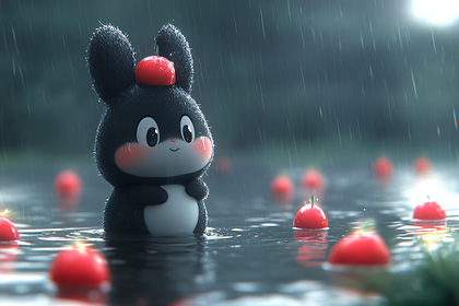 Fluffy Rabbit In Rainy Apple Orchard