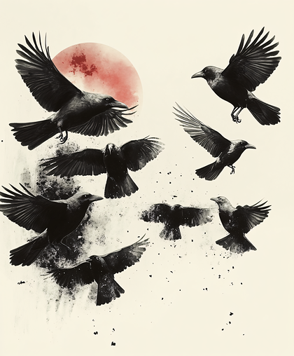 Flying Crows Red Moon Grunge