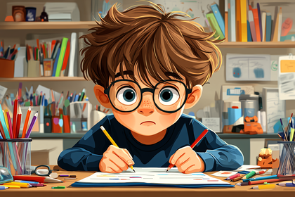 Focused Boy Drawing at Desk