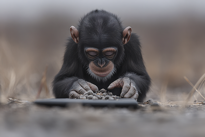 Focused Chimpanzee Cub Picking Pebbles