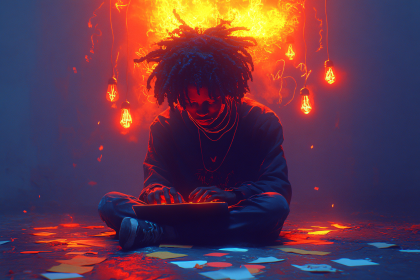 Focused Developer In Fiery Ambience