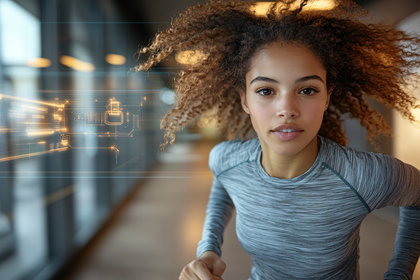 Focused Woman Running Past Digital Interface