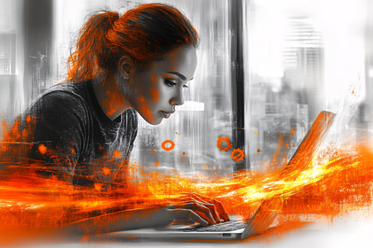 Focused Woman Typing On Laptop with Abstract Energy