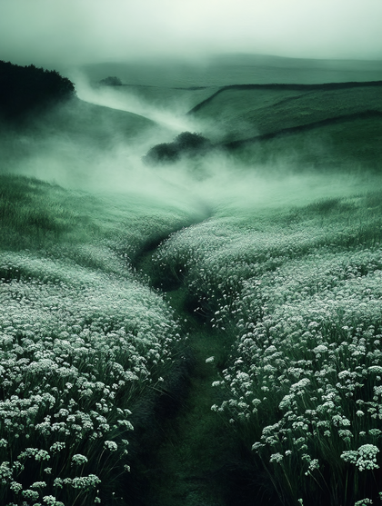 Foggy Meadow Path With White Flowers
