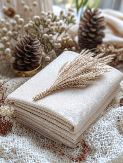 Folded Beige Linen Fabric with Wheat Ears