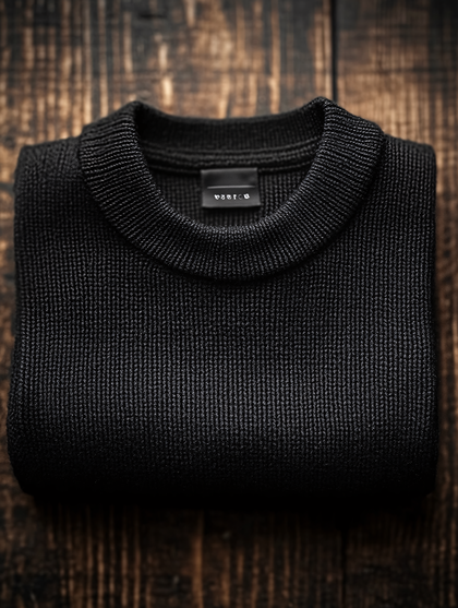 Folded Black Sweater on Wooden Surface