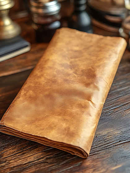 Folded Brown Leather On Wooden Table