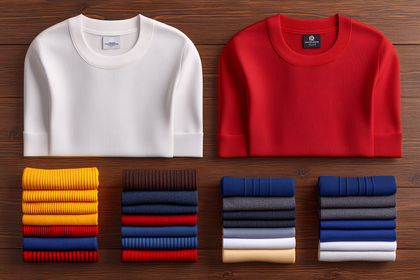 Folded Sweaters and Knitwear on Wooden Surface