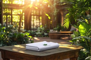 Folded White Towel With Green Leaf Logo On Wooden Table